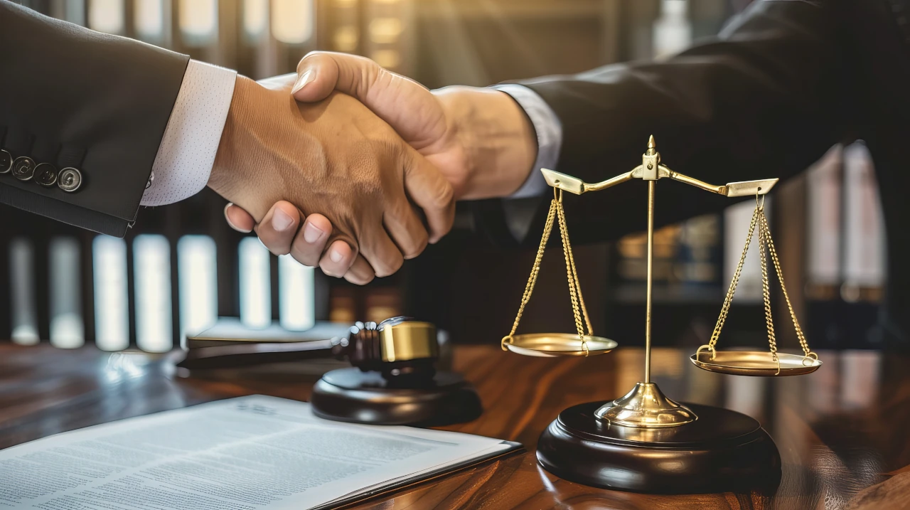 Two people in suits shaking hands across a wooden table with a legal scale and a gavel.