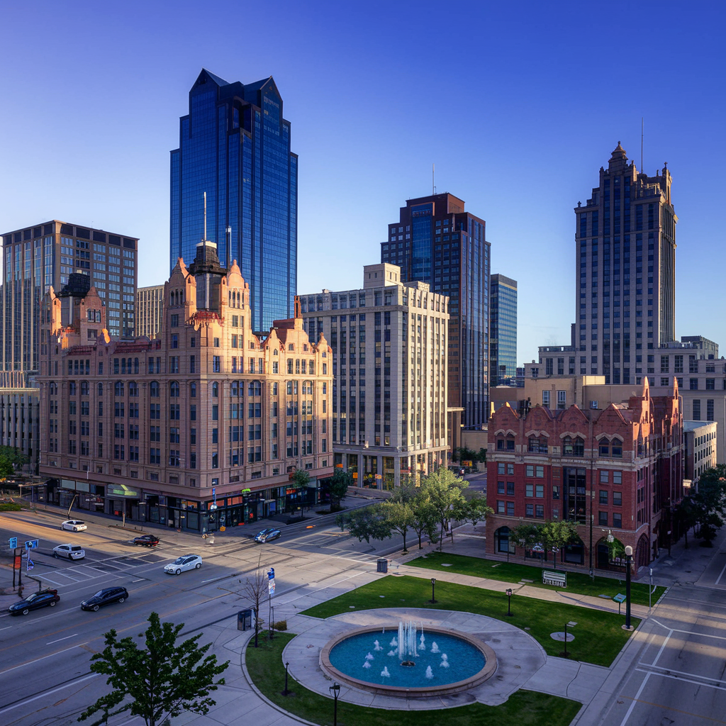 A view of a professional office buildings in downtown Tulsa, Oklahoma, surrounded by other historic and modern buildings. The scene includes a small park with a fountain in the foreground, busy streets, and a clear blue sky, giving a welcoming and vibrant impression of the city.