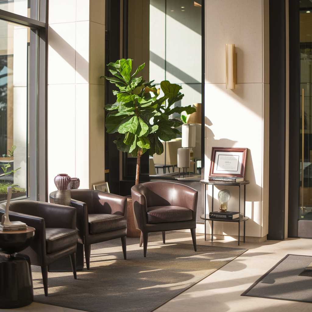 A welcoming law office reception area with modern, elegant furniture, including leather chairs and a small side table with a framed certificate and decor items. Large windows allow natural light to fill the space, casting a warm glow and highlighting a green plant in the corner, creating a professional and inviting atmosphere.