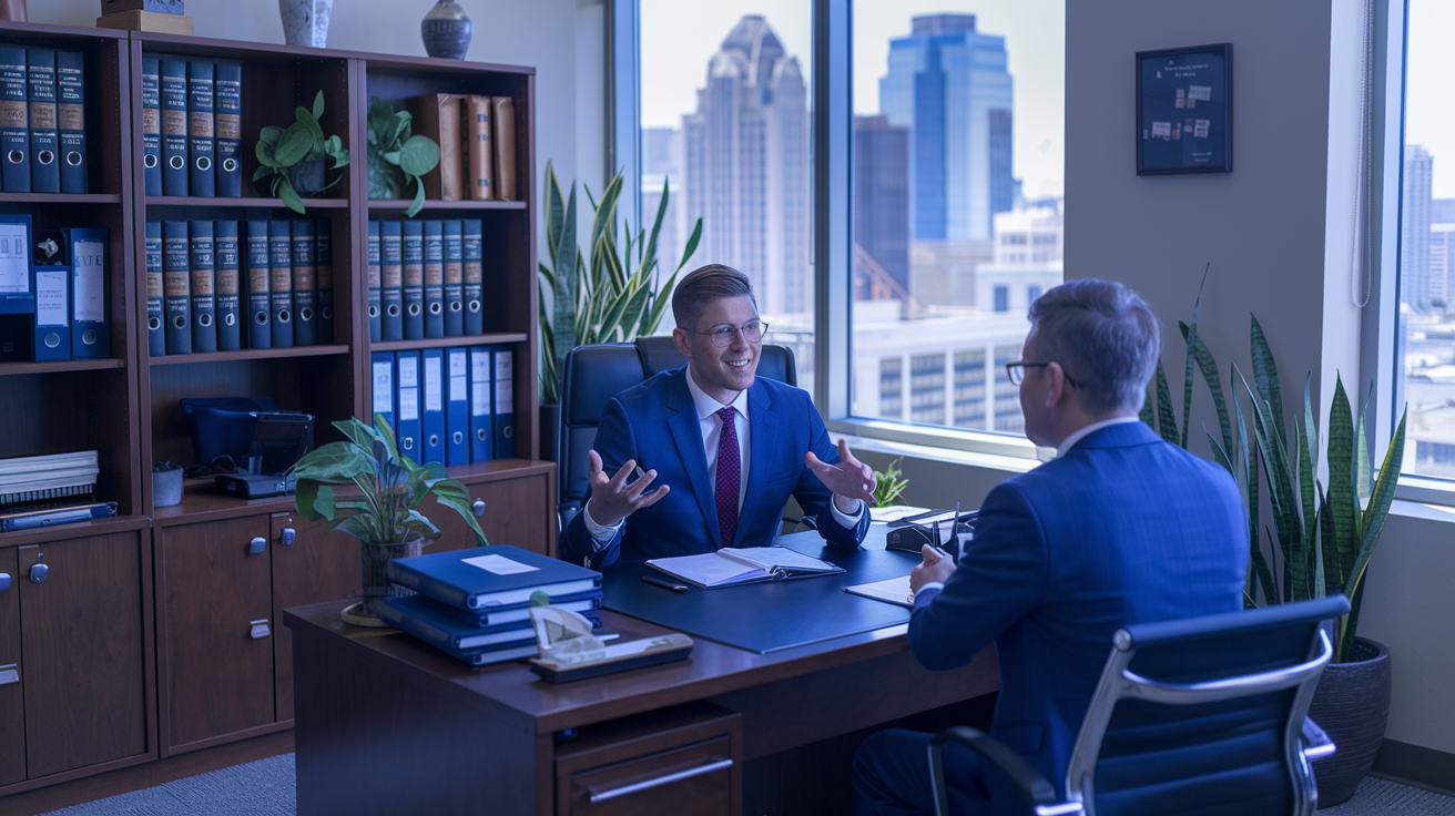 Administrative lawyer consulting with a client in a professional Tulsa office, with legal documents and a modern office setting.