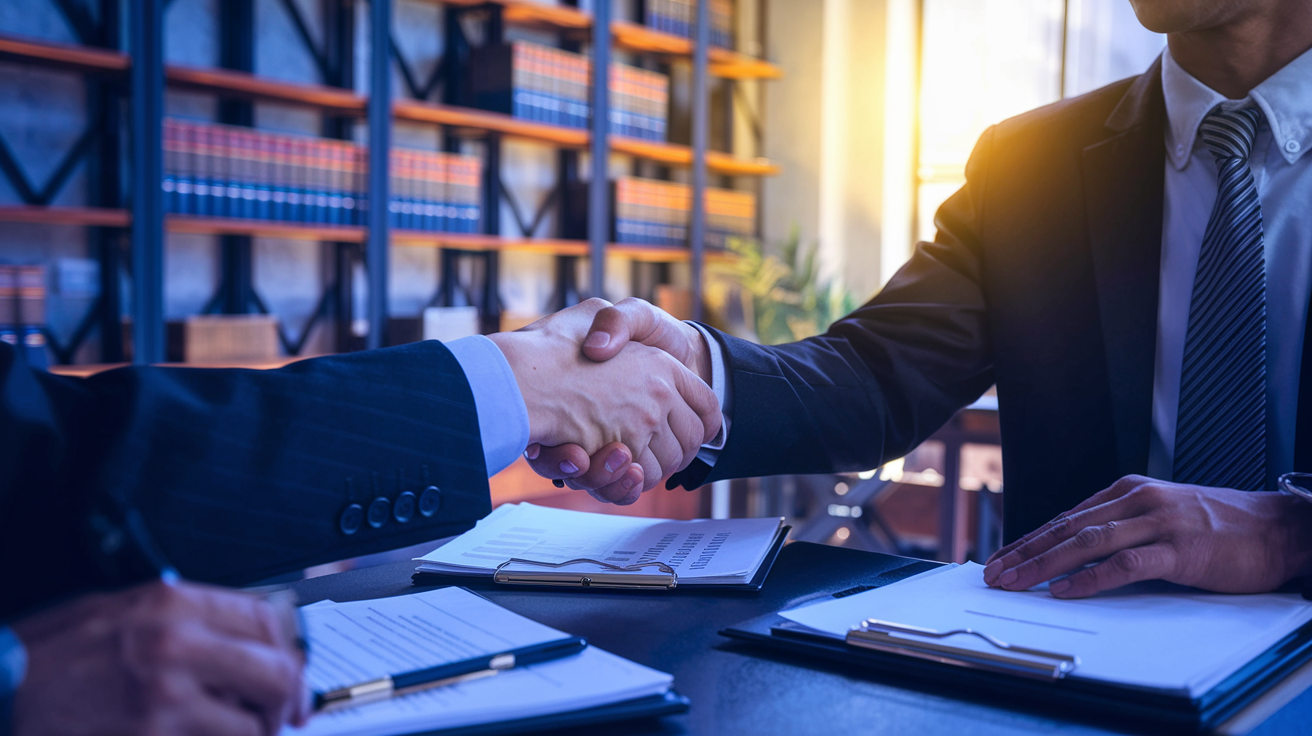 Handshake between a consumer protection lawyer and client in a professional Tulsa law office, with legal documents and bookshelves in the background.