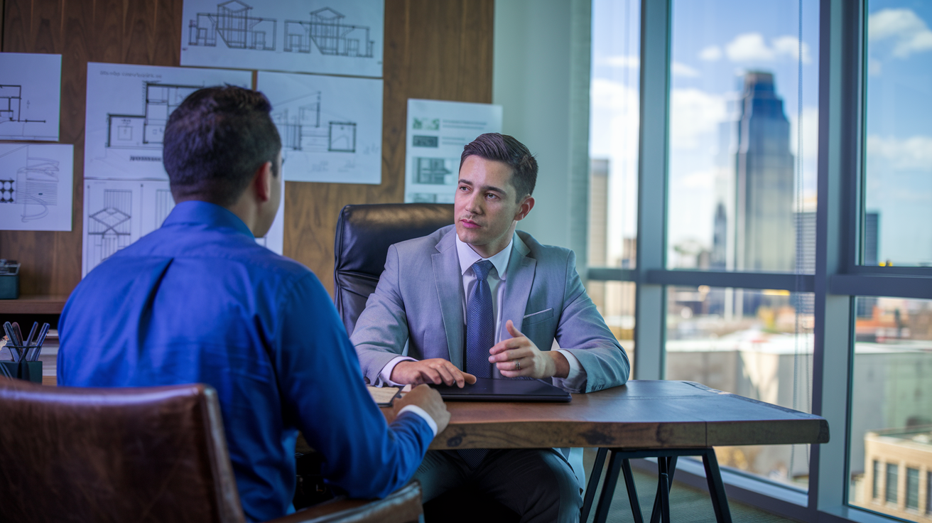 Real estate lawyer consulting with a client in Tulsa, with legal documents and property drawings on the table.